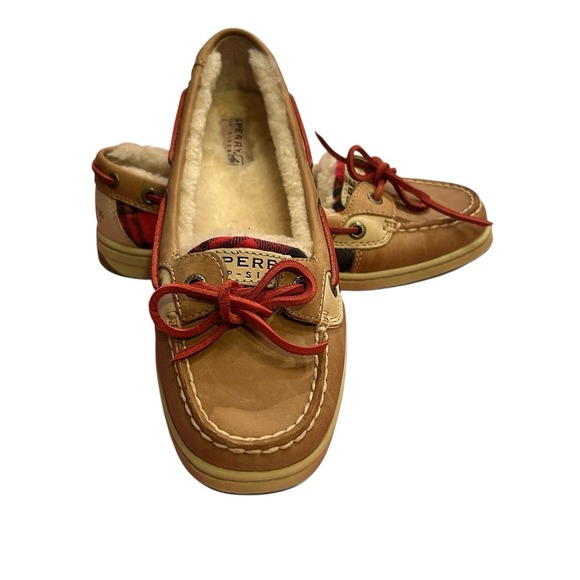 Sperry Top Sider Shoes - Sperry Top Sider Leather With Lambswool Shoes Womens Size 6M Brown Red Plaid